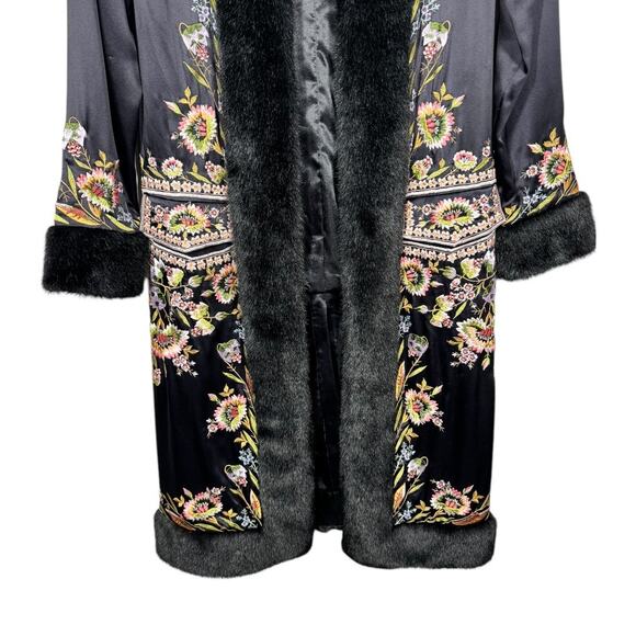 Vintage Sue Wong Floral Embroidered Silk Duster Coat 4 Faux Fur Long Black - Picture 4 of 8